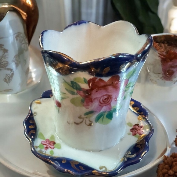 Antique Hand Painted  Cobalt Blue Floral Gold Toothpick / Matchstick Holder - Picture 5 of 7